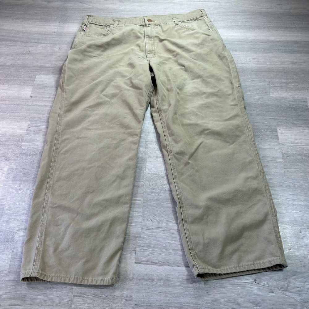 Carhartt FR Pants Mens 42x32 Beige Canvas Relaxed Fit Carpenter Workwear FRB159
